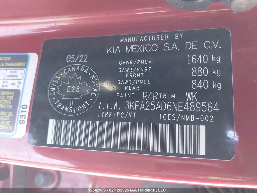 2022 Kia Rio Lx Premium/Lx+ VIN: 3KPA25AD6NE489564 Lot: 12542909