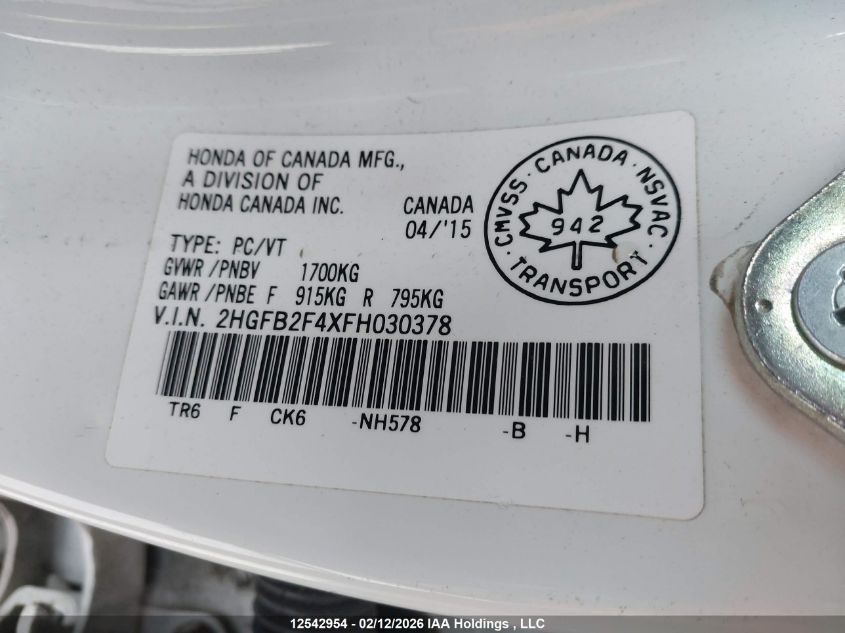 2015 Honda Civic Lx VIN: 2HGFB2F4XFH030378 Lot: 12542954