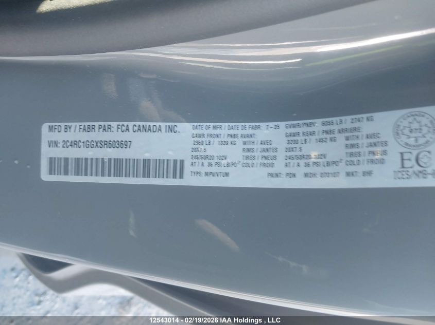 2025 Chrysler Pacifica Limited VIN: 2C4RC1GGXSR603697 Lot: 12543014