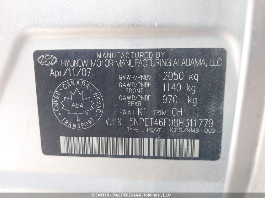 2008 Hyundai Sonata Gl V6/Gls V6 VIN: 5NPET46F08H311779 Lot: 12543110