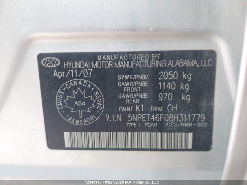 2008 Hyundai Sonata Gl V6/Gls V6 VIN: 5NPET46F08H311779 Lot: 12543110
