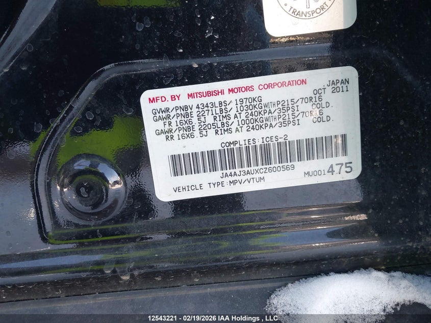 2012 Mitsubishi Rvr Se VIN: JA4AJ3AUXCZ600569 Lot: 12543221