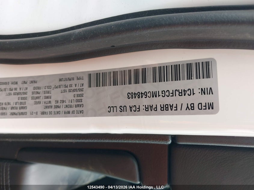 2021 Jeep Grand Cherokee VIN: 1C4RJFCG1MC648483 Lot: 12543490