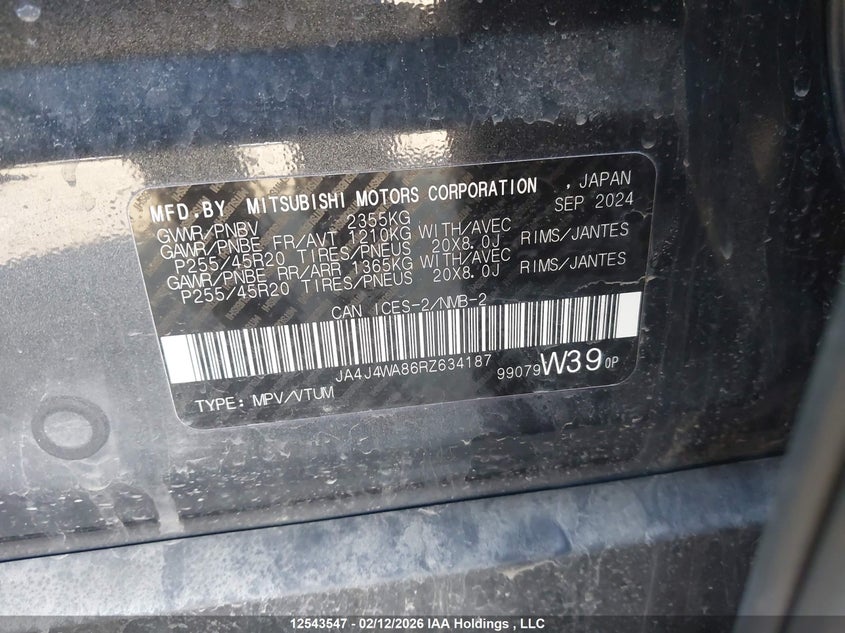 2024 Mitsubishi Outlander Gt/Gt Noir/Gt Premium VIN: JA4J4WA86RZ634187 Lot: 12543547