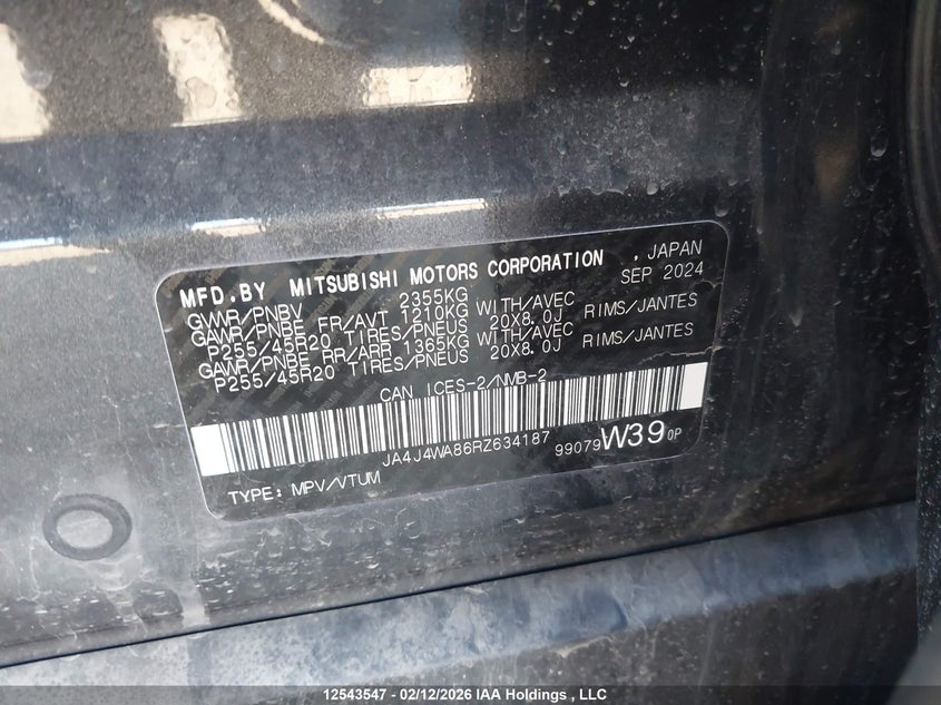 2024 Mitsubishi Outlander Gt/Gt Noir/Gt Premium VIN: JA4J4WA86RZ634187 Lot: 12543547