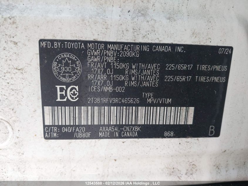 2024 Toyota Rav4 Le VIN: 2T3B1RFV9RC465626 Lot: 12543588