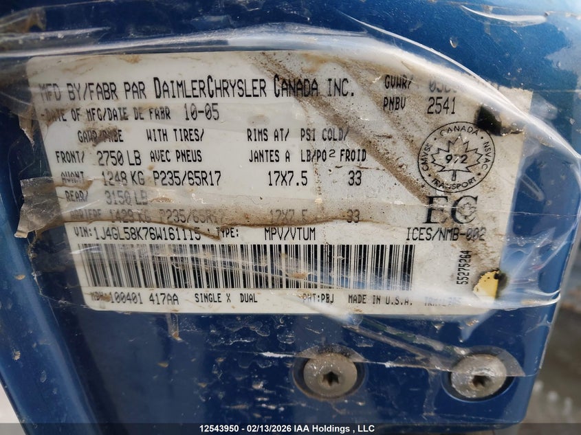 2006 Jeep Liberty Limited VIN: 1J4GL58K76W161115 Lot: 12543950