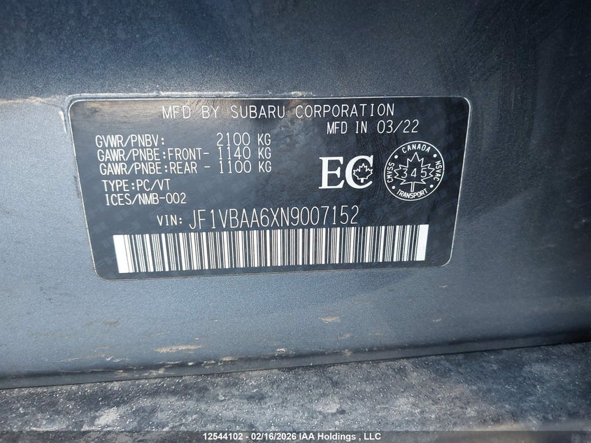 2022 Subaru Wrx VIN: JF1VBAA6XN9007152 Lot: 12544102