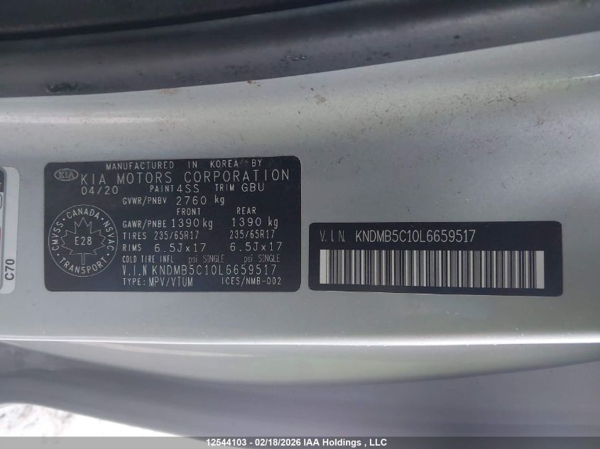 2020 Kia Sedona Lx/Lx+ VIN: KNDMB5C10L6659517 Lot: 12544103