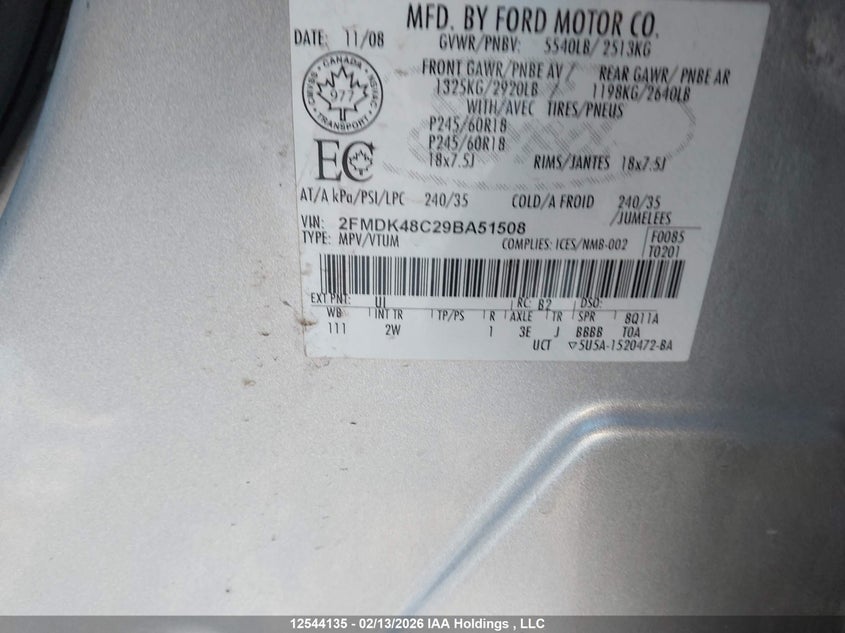2009 Ford Edge Sel VIN: 2FMDK48C29BA51508 Lot: 12544135