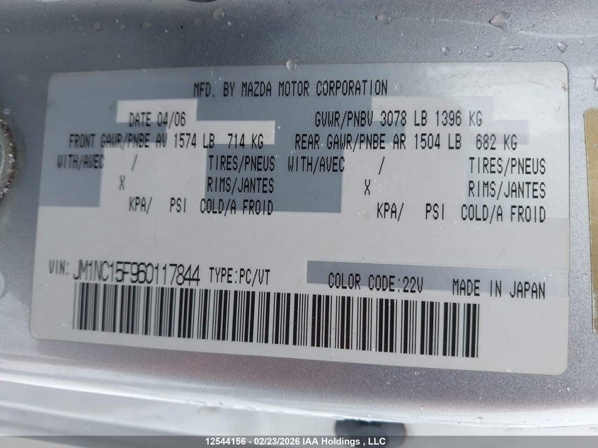 2006 Mazda Mx-5 3Rd Generation Limited/Gs/Gx VIN: JM1NC15F960117844 Lot: 12544156