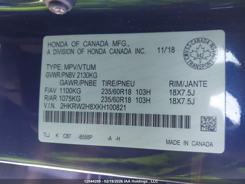 2019 Honda Cr-V Exl VIN: 2HKRW2H8XKH100821 Lot: 12544208