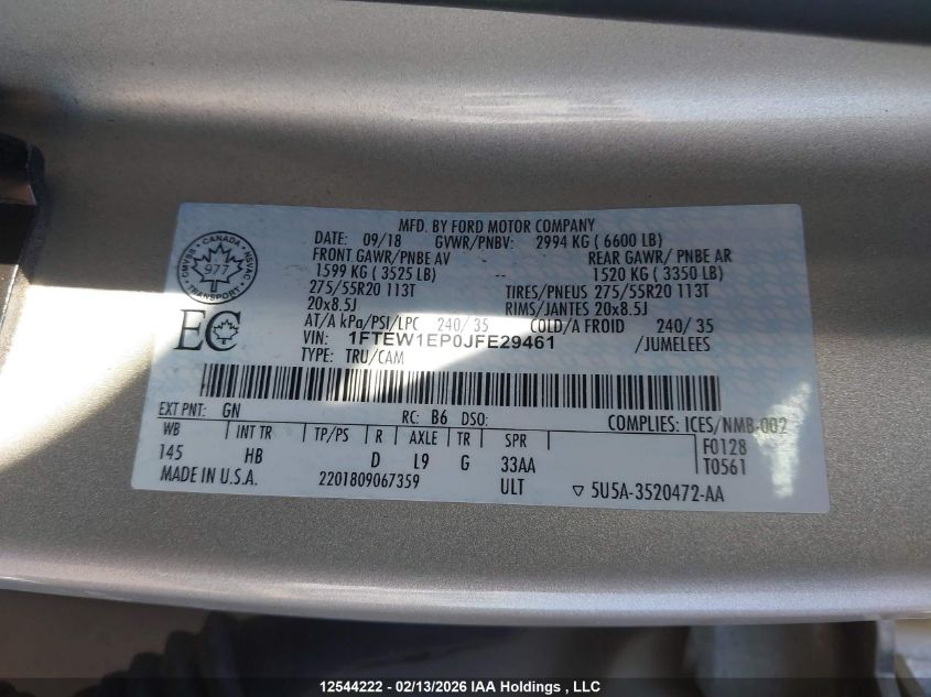 2018 Ford F-150 Lariat VIN: 1FTEW1EP0JFE29461 Lot: 12544222