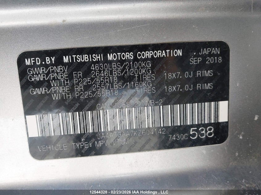2019 Mitsubishi Eclipse Cross Es VIN: JA4AT3AA7KZ604142 Lot: 12544328
