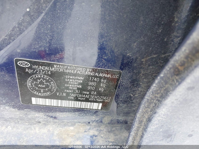 2014 Hyundai Elantra Gls VIN: 5NPDH4AE5EH525612 Lot: 12544506