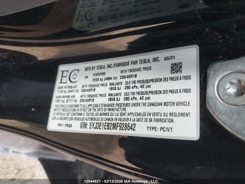 2021 Tesla Model 3 Long Range VIN: 5YJ3E1EB2MF928642 Lot: 12544521