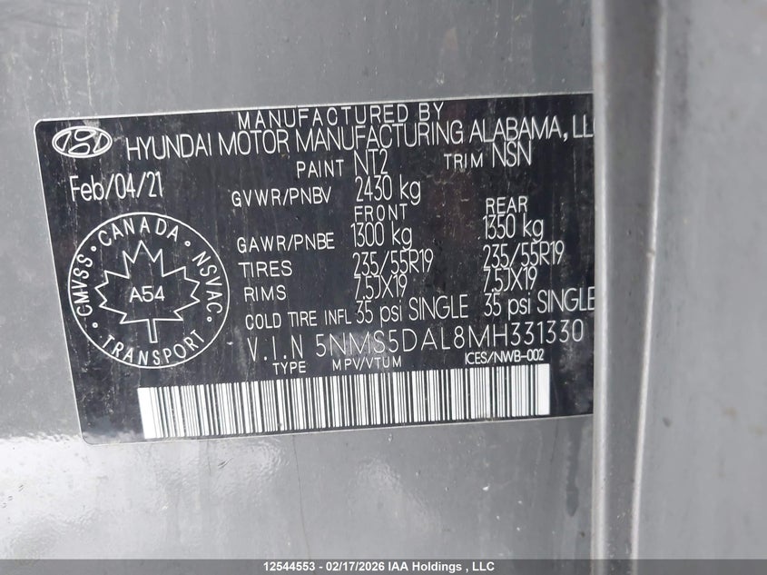 2021 Hyundai Santa Fe Ultimate Calligraphy VIN: 5NMS5DAL8MH331330 Lot: 12544553