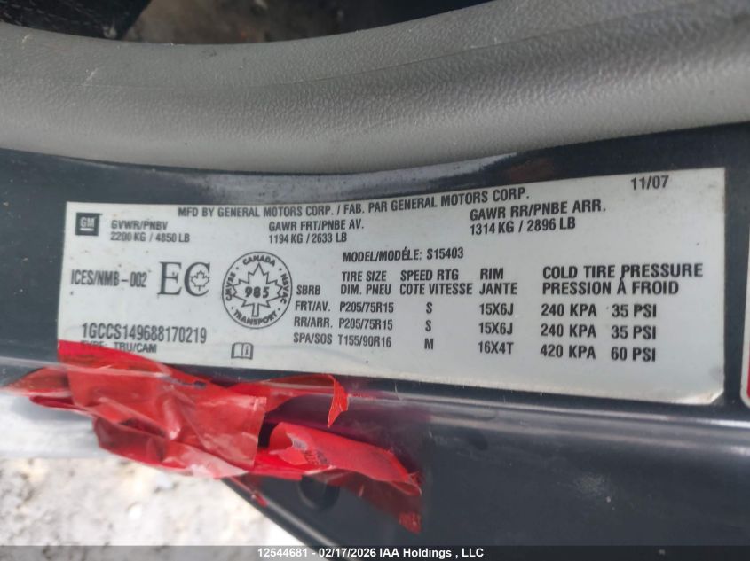 2008 Chevrolet Colorado VIN: 1GCCS149688170219 Lot: 12544681