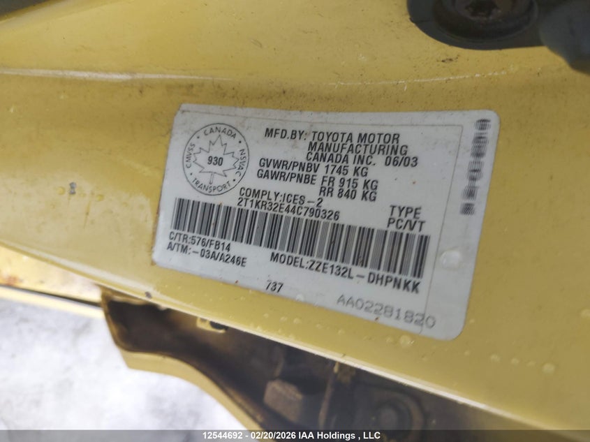 2004 Toyota Corolla Matrix Xr VIN: 2T1KR32E44C790326 Lot: 12544692