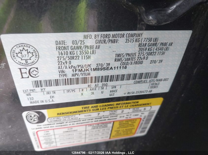 2025 Ford Expedition Max Platinum VIN: 1FMJK1M89SEA11116 Lot: 12544796