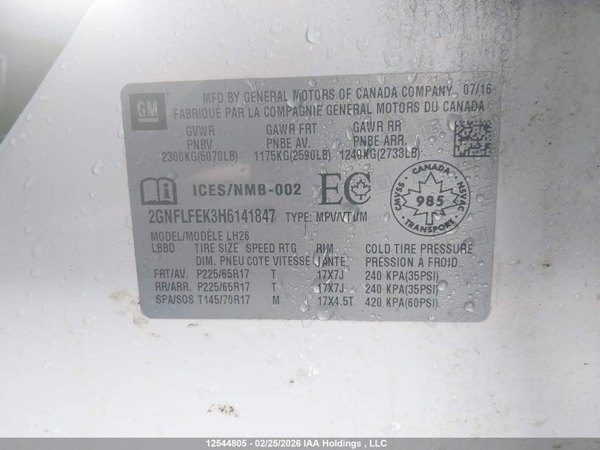 2017 Chevrolet Equinox Lt VIN: 2GNFLFEK3H6141847 Lot: 12544805
