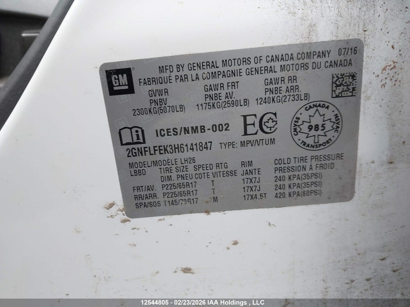 2017 Chevrolet Equinox Lt VIN: 2GNFLFEK3H6141847 Lot: 12544805
