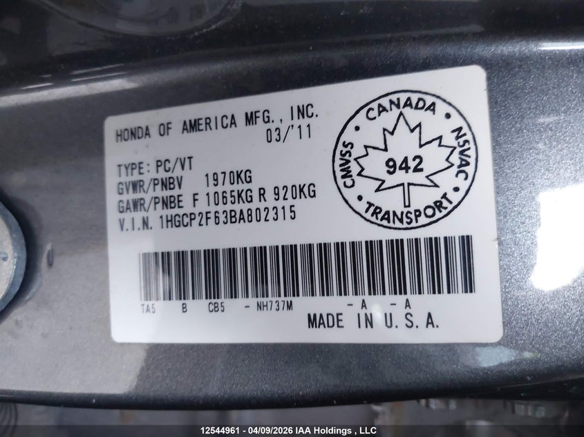 2011 Honda Accord Se VIN: 1HGCP2F63BA802315 Lot: 12544961