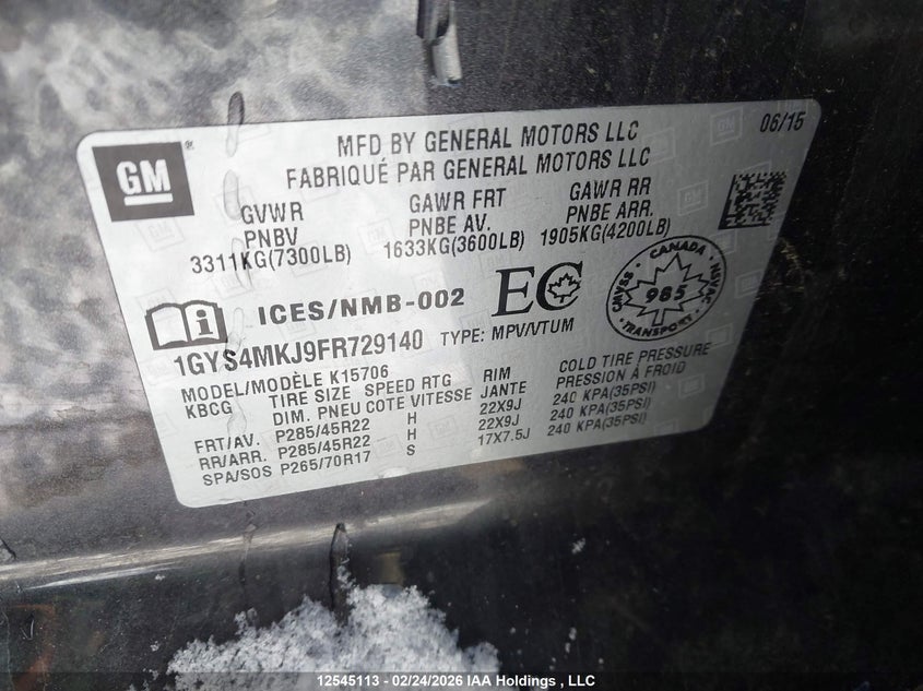 2015 Cadillac Escalade Luxury VIN: 1GYS4MKJ9FR729140 Lot: 12545113