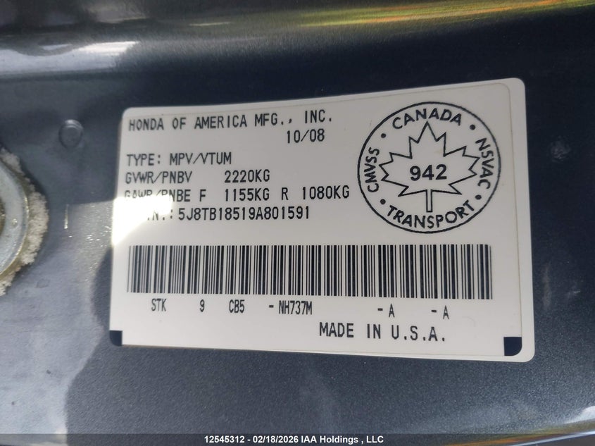 2009 Acura Rdx VIN: 5J8TB18519A801591 Lot: 12545312