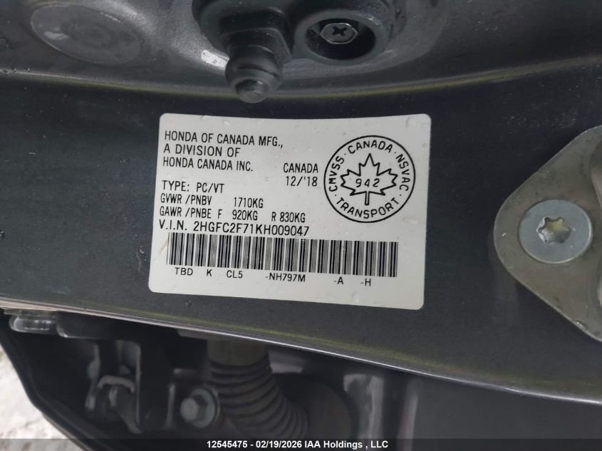 2019 Honda Civic Ex VIN: 2HGFC2F71KH009047 Lot: 12545475