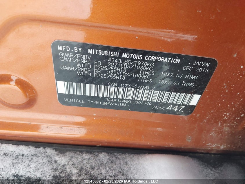 2020 Mitsubishi Rvr Se/Sel/Limited/Gt VIN: JA4AJ4AWXLU603380 Lot: 12545632