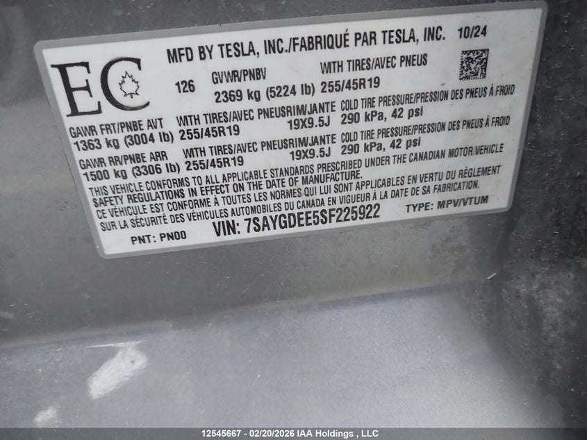 2025 Tesla Model Y Long Range VIN: 7SAYGDEE5SF225922 Lot: 12545667
