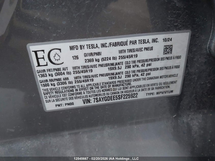 2025 Tesla Model Y Long Range VIN: 7SAYGDEE5SF225922 Lot: 12545667