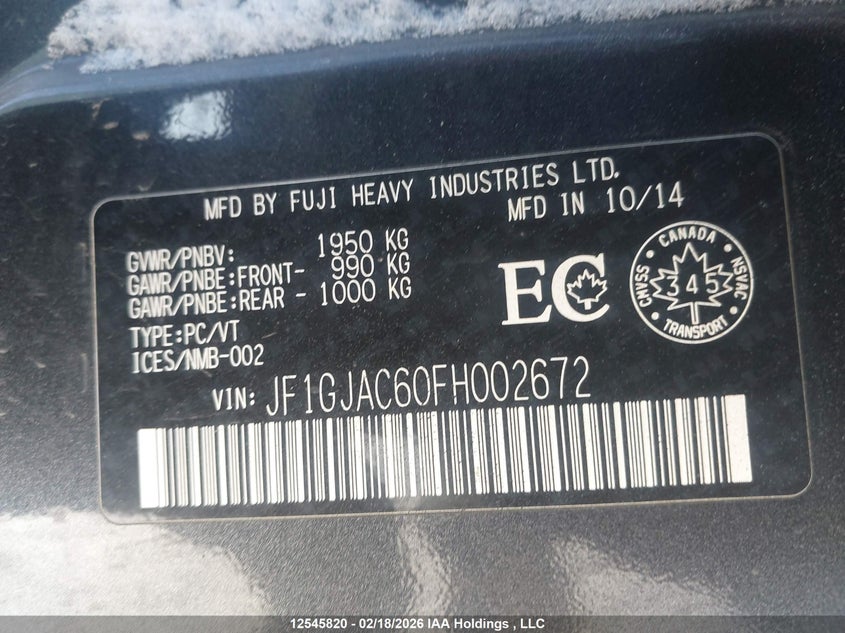 2015 Subaru Impreza 2.0I/2.0I Sport Package/2.0I Touring Package VIN: JF1GJAC60FH002672 Lot: 12545820