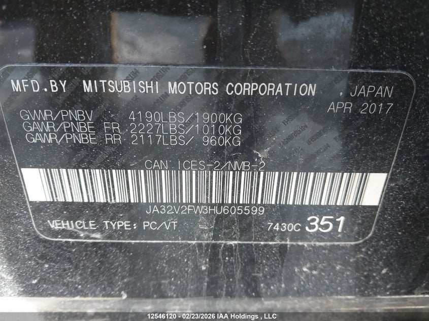2017 Mitsubishi Lancer VIN: JA32V2FW3HU605599 Lot: 12546120