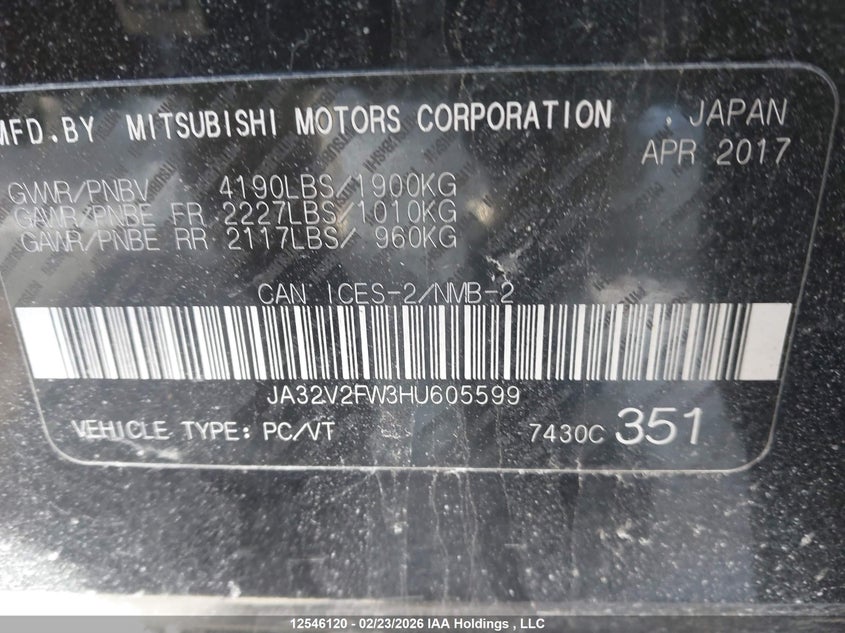 2017 Mitsubishi Lancer VIN: JA32V2FW3HU605599 Lot: 12546120
