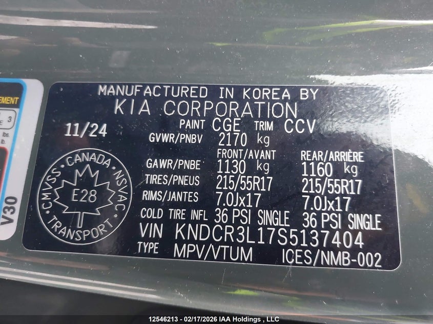2025 Kia Niro Ev Wind/Wind+ VIN: KNDCR3L17S5137404 Lot: 12546213