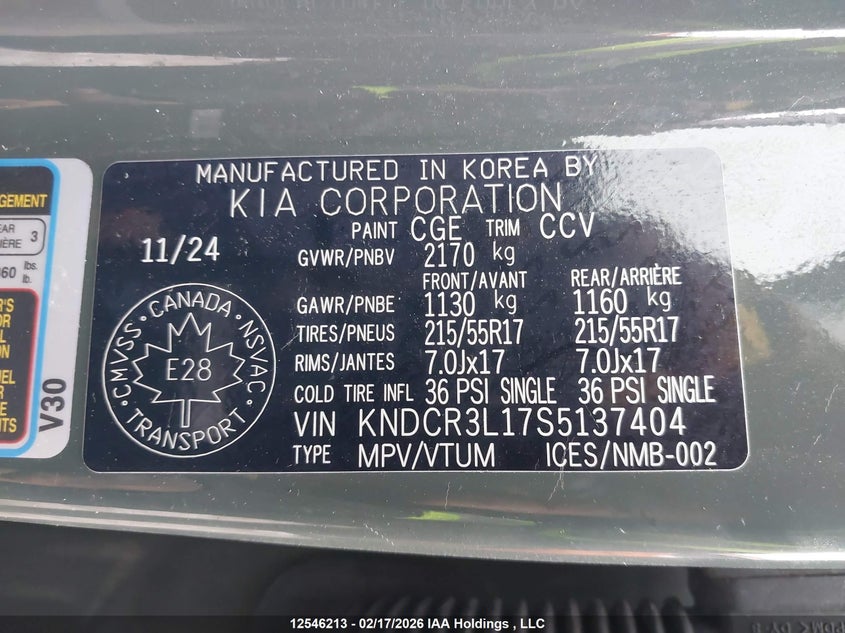 2025 Kia Niro Ev Wind/Wind+ VIN: KNDCR3L17S5137404 Lot: 12546213