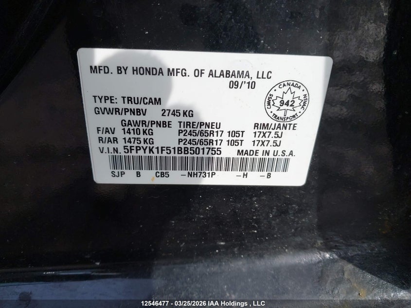 2011 Honda Ridgeline VIN: 5FPYK1F51BB501755 Lot: 12546477