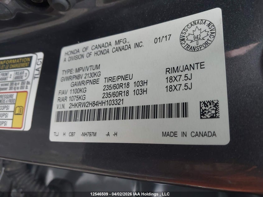 2017 Honda Cr-V VIN: 2HKRW2H84HH103321 Lot: 12546509