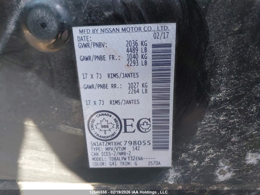 2017 Nissan Rogue S/Sv VIN: 5N1AT2MTXHC798055 Lot: 12546555