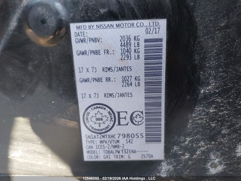 2017 Nissan Rogue S/Sv VIN: 5N1AT2MTXHC798055 Lot: 12546555