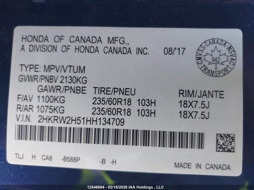 2017 Honda Cr-V Ex VIN: 2HKRW2H51HH134709 Lot: 12546684