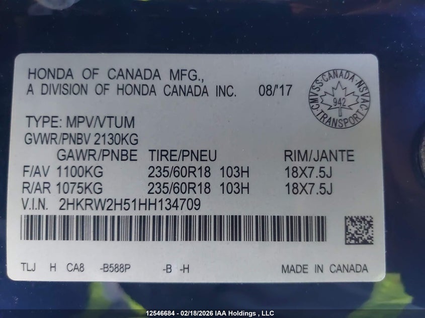 2017 Honda Cr-V Ex VIN: 2HKRW2H51HH134709 Lot: 12546684