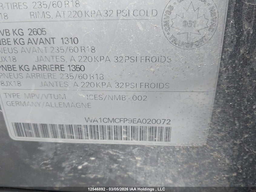 2014 Audi Q5 Tdi Progressiv VIN: WA1CMCFP9EA020072 Lot: 12546892