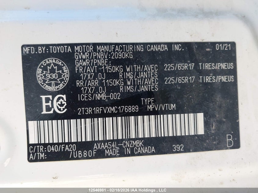 2021 Toyota Rav4 Xle VIN: 2T3R1RFVXMC176889 Lot: 12546981