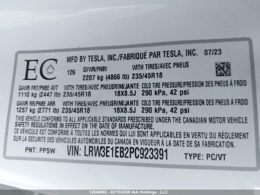 2023 Tesla Model 3 Long Range VIN: LRW3E1EB2PC923391 Lot: 12546992