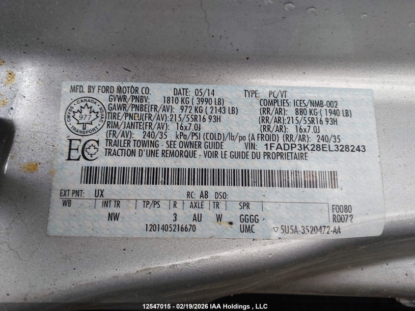 2014 Ford Focus Se VIN: 1FADP3K28EL328243 Lot: 12547015