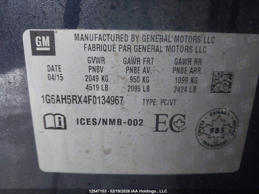 2015 Cadillac Ats Luxury VIN: 1G6AH5RX4F0134967 Lot: 12547153