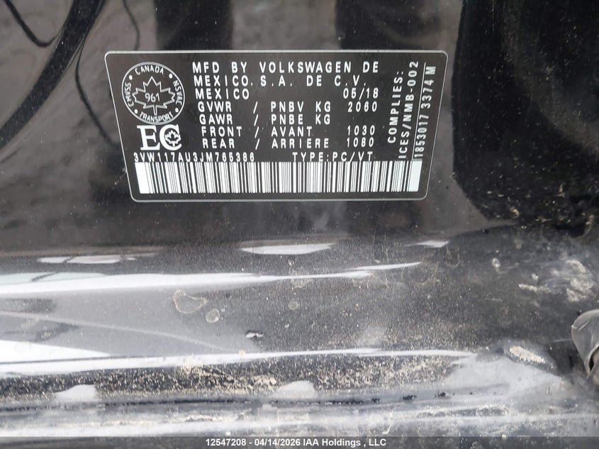 2018 Volkswagen Golf Sportwagen S VIN: 3VW117AU3JM765386 Lot: 12547208
